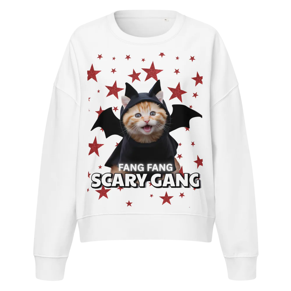 White sweatshirt with a cat in a bat costume graphic and 'Fang Fang Scary Gang' text on a white background