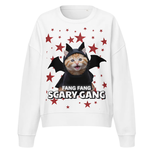 White sweatshirt with a cat in a bat costume graphic and 'Fang Fang Scary Gang' text on a white background