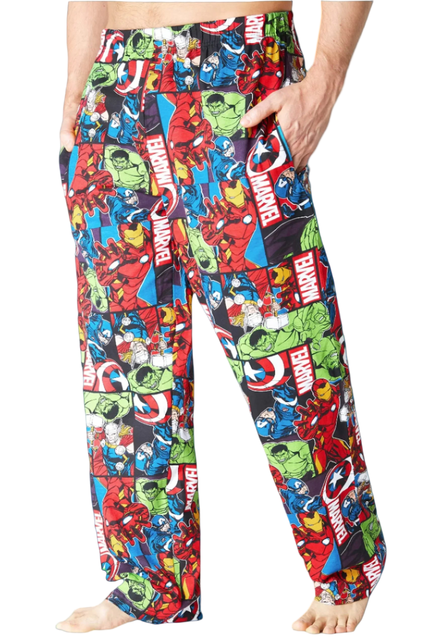 Marvel superhero-themed pajama pants on a white background