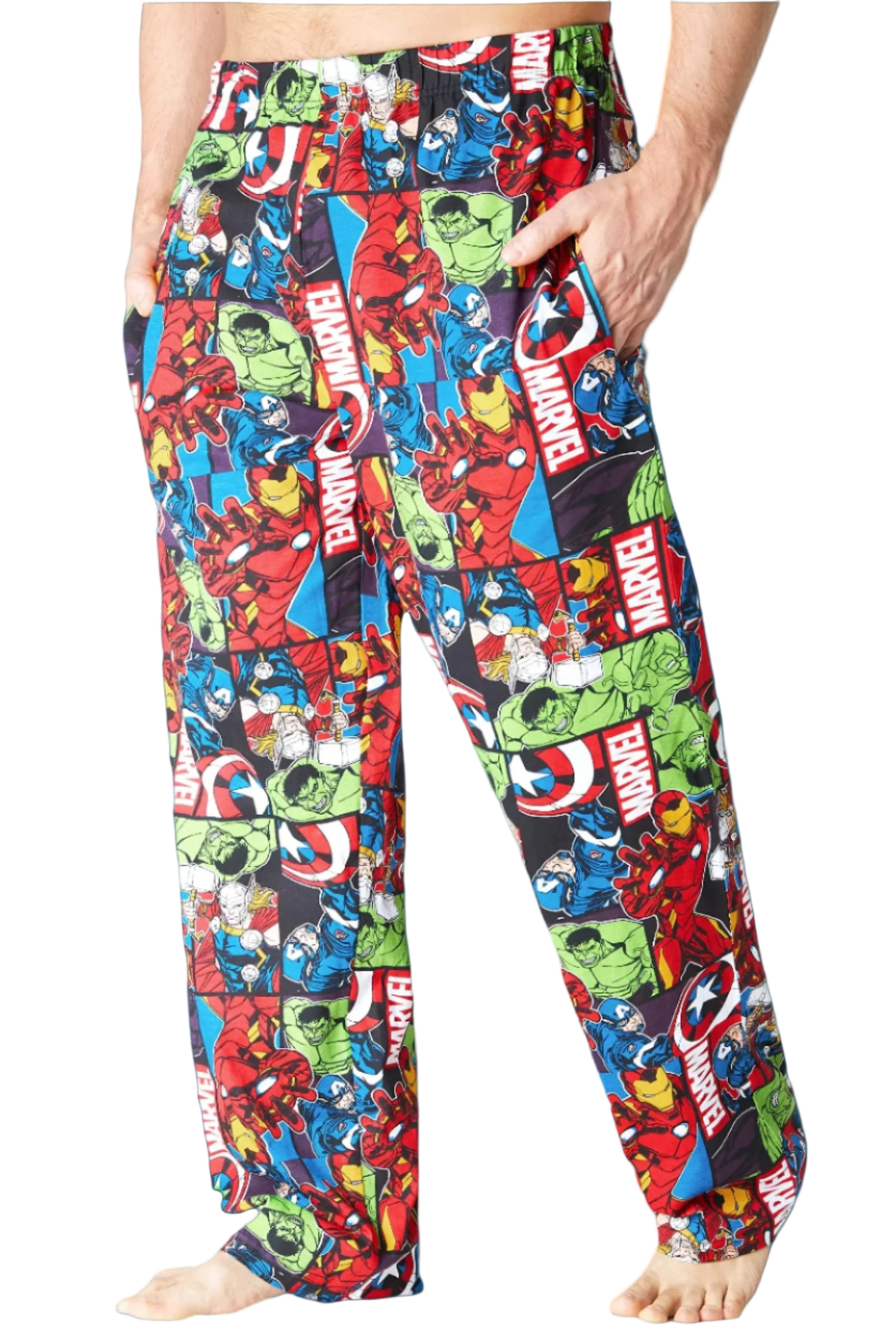 Marvel superhero-themed pajama pants on a white background
