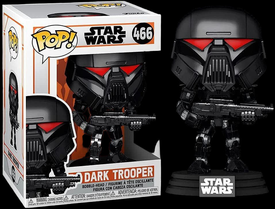 Funko Pop! vinyl figure of a Dark Trooper from Star Wars next to its packaging.