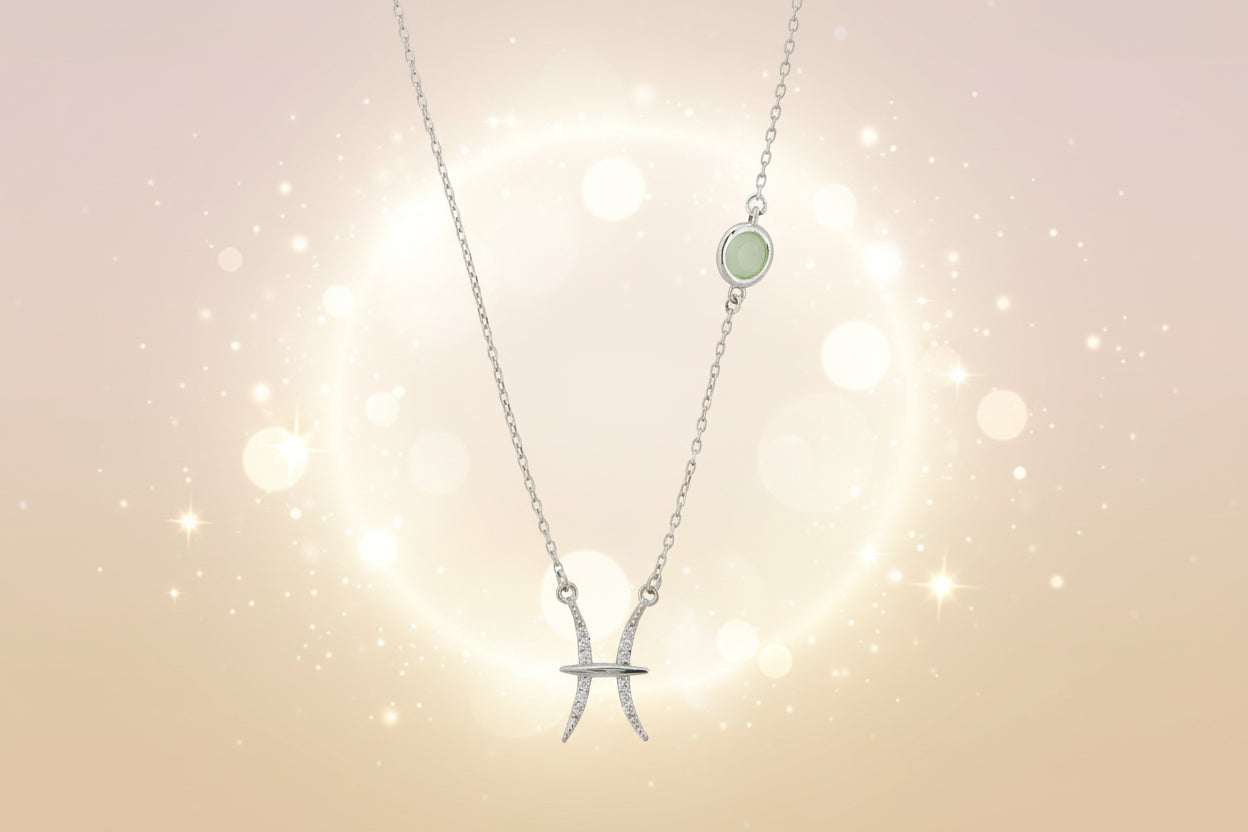 Silver necklace with a zodiac pendant on a white background