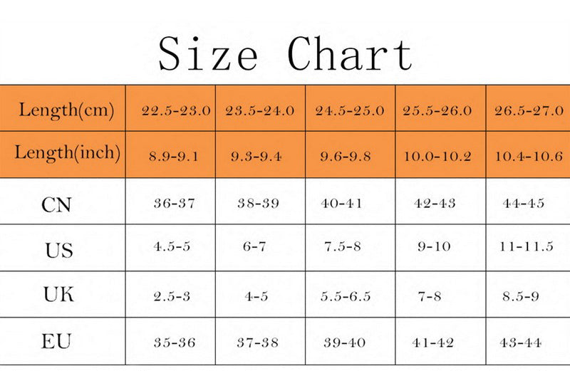 Size chart for shoes with measurements in centimeters and inches, and corresponding shoe size ranges.