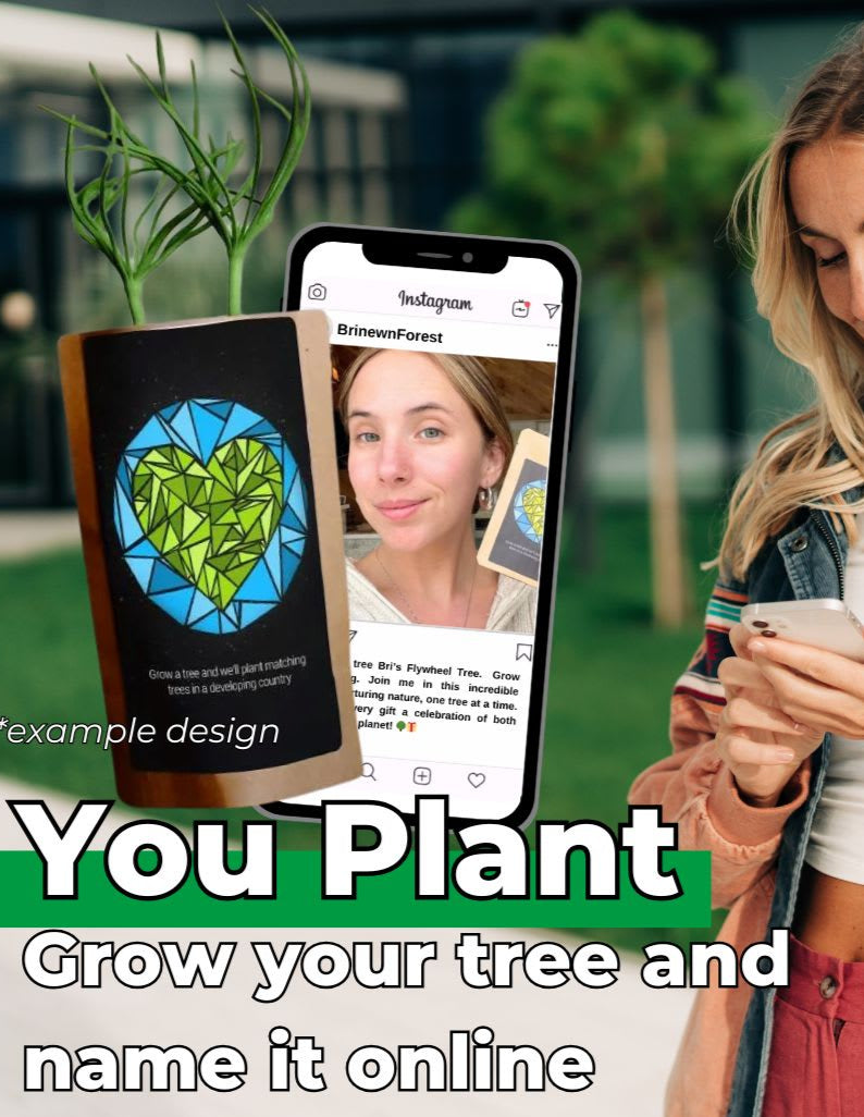 Woman using a smartphone with a plant and phone case displayed, featuring text 'You Plant. Grow your tree and name it online'.