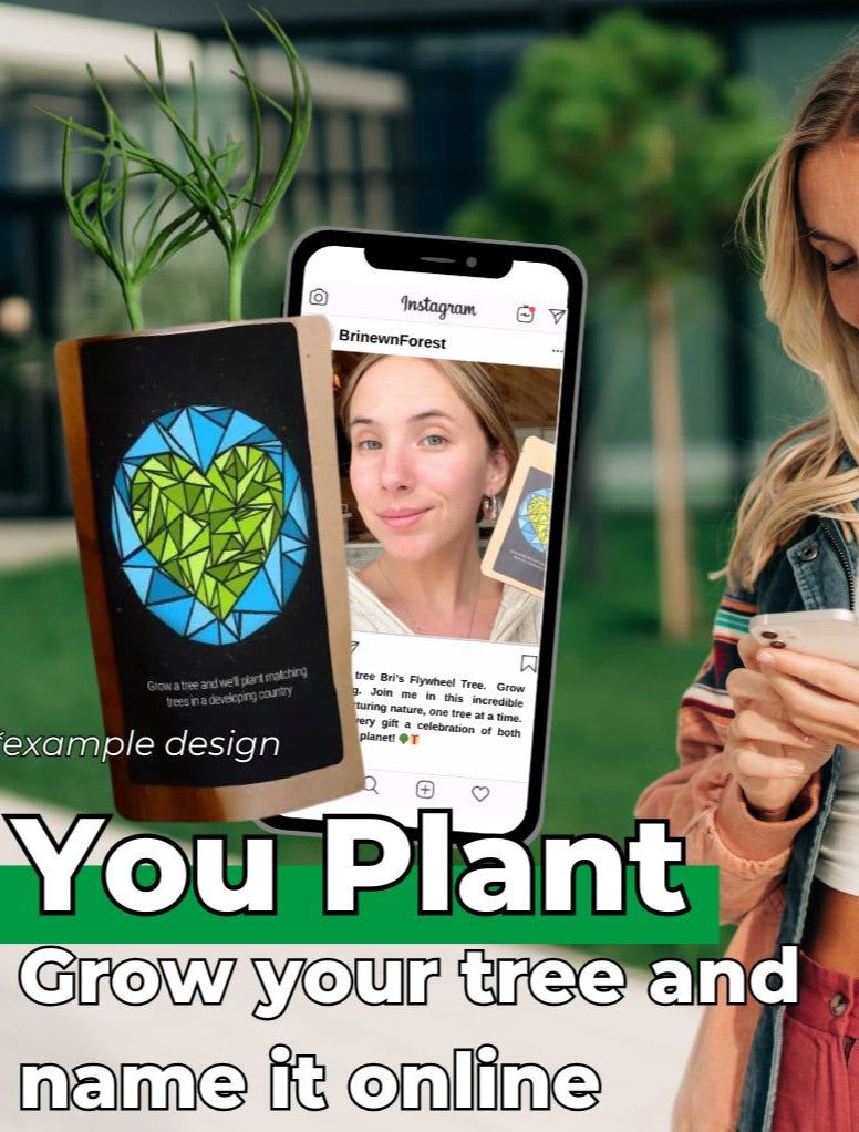 Woman using a smartphone with a plant and phone case displayed, featuring text 'You Plant. Grow your tree and name it online'.