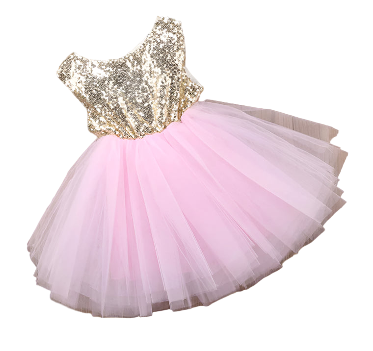 Pink tutu dress with gold sequin top on a wooden surface