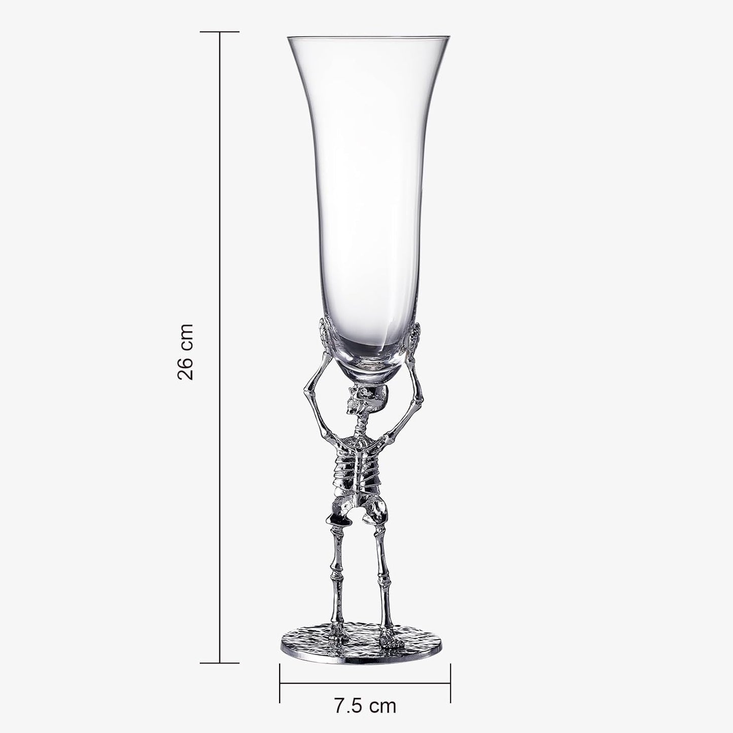 Clear glass with skeleton hand stand and measurements on a white background