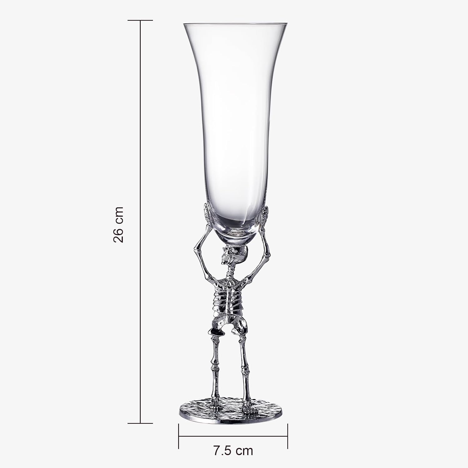 Clear glass with skeleton hand stand and measurements on a white background