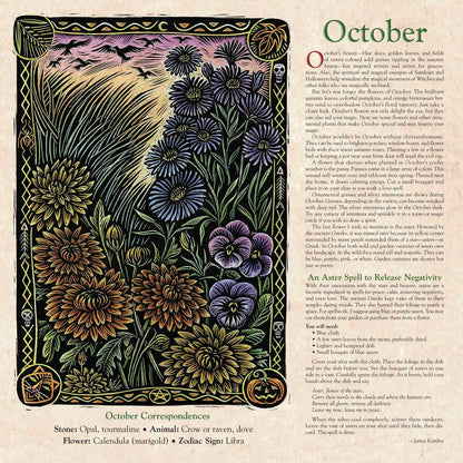 Decorative page for October with floral illustrations and text on a beige background