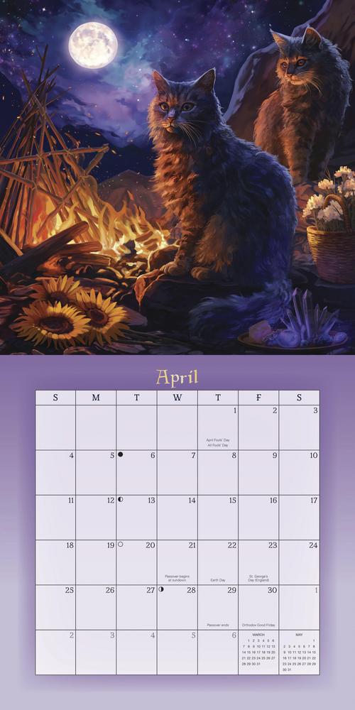 Calendar with cats under a moonlit sky and a purple background
