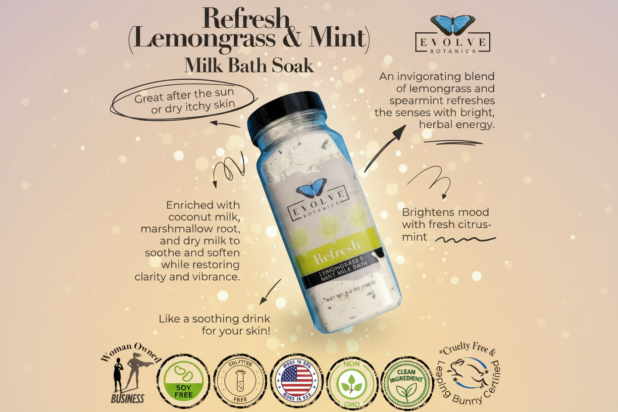 Evolve Botanica Refresh Lemongrass & Mint Milk Bath Soak packaging with product details and branding.
