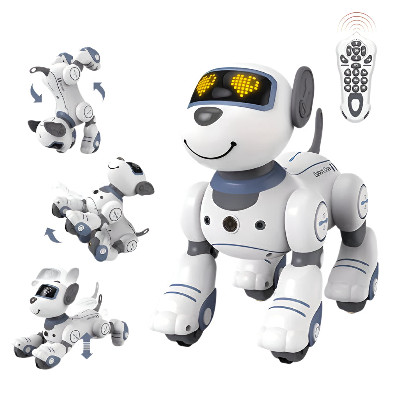 Toy robot dog with remote control on a white background