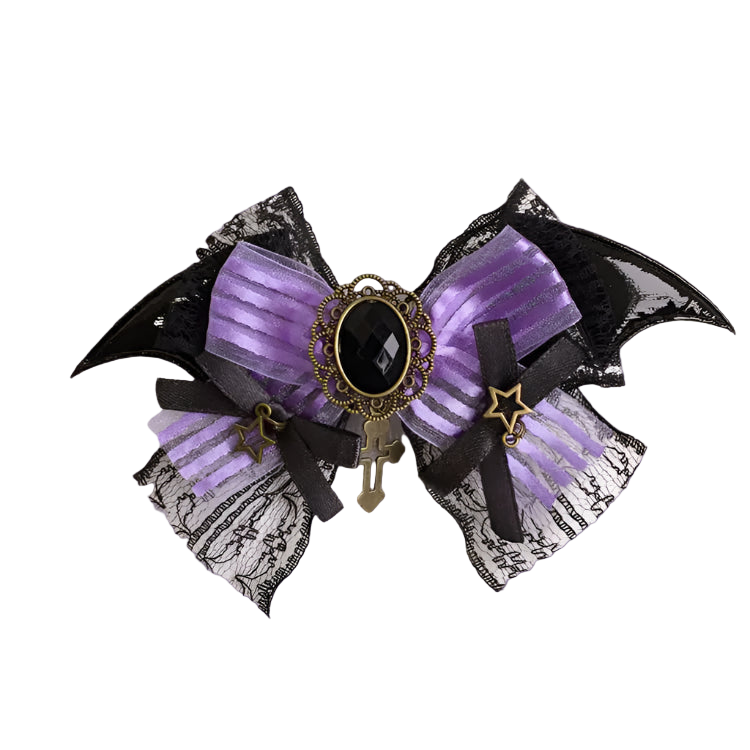 Purple bow with black lace and bat wings on a white background