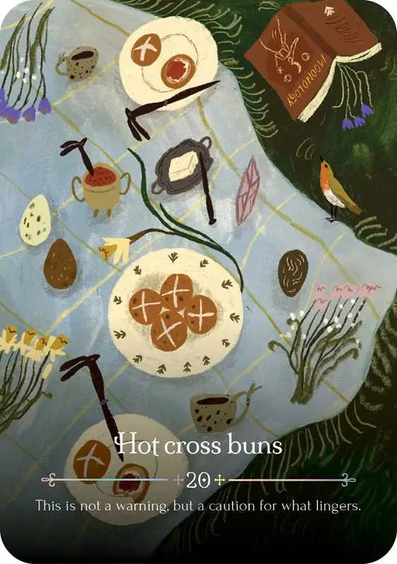 Illustrated card with hot cross buns and decorative elements on a textured background