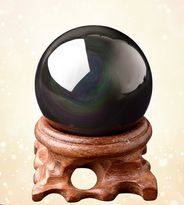 Black crystal ball on a wooden stand with text about size and color randomness.
