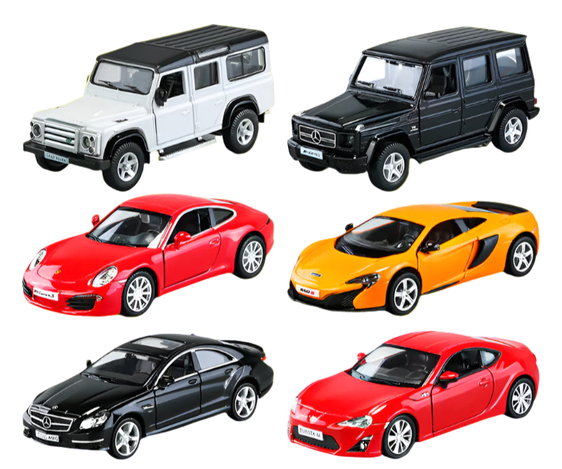 Collection of model cars including a white SUV, black Mercedes-Benz, red sports car, orange sports car, black Mercedes-Benz, and red sedan on a white background.