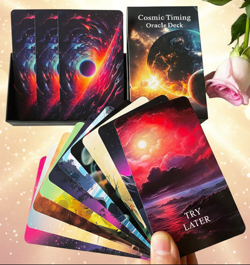 Cosmic Timing Oracle Deck with colorful tarot cards on a light surface.