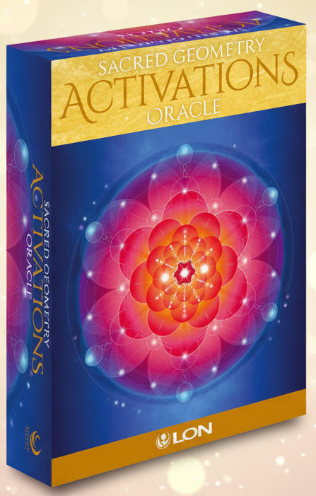 Sacred Geometry Activations Oracle card box with colorful design and Lion logo.