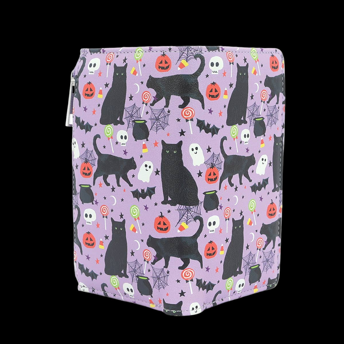 Halloween-themed product with black cats, pumpkins, and ghosts on a purple background
