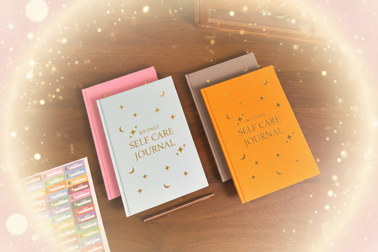 Three self-care journals in different colors on a wooden surface with a pen.