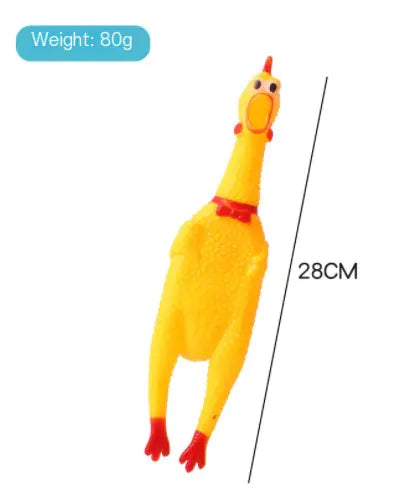 Yellow rubber chicken toy with red accents, weight 80g, and length 28cm on a white background.