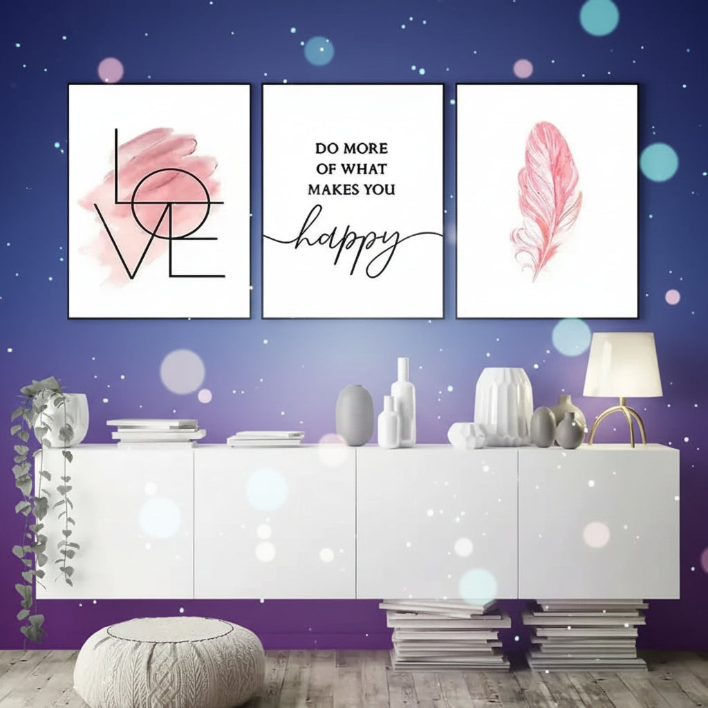 Three framed prints on a wall above a white cabinet with decorative items.