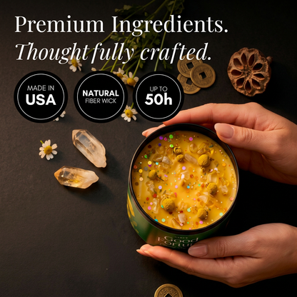 Hand holding a candle with decorative elements and text about product features on a dark background