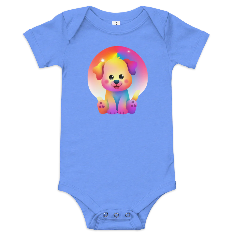 Blue baby onesie with a colorful dog design on a white background
