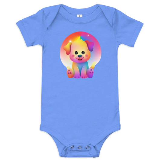Blue baby onesie with a colorful dog design on a white background