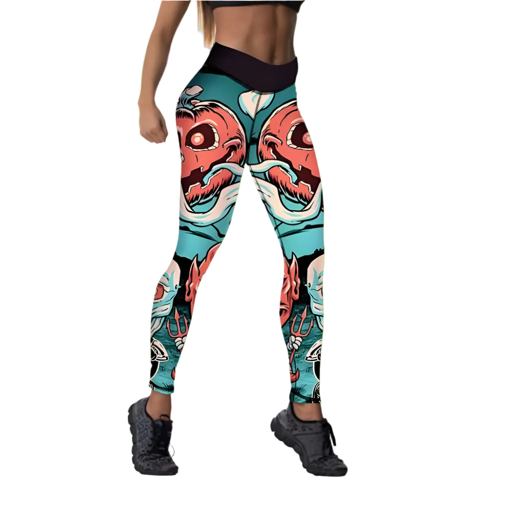 Colorful dragon-patterned leggings worn by a person on a white background