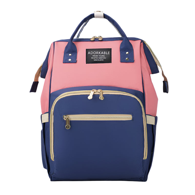 Pink and blue backpack with 'Adorkable' brand label on a white background