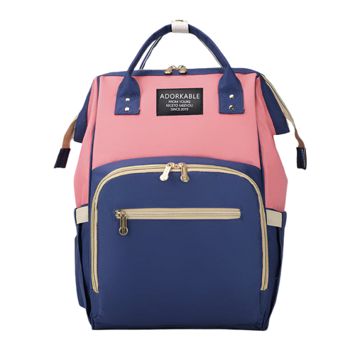 Pink and blue backpack with 'Adorkable' brand label on a white background