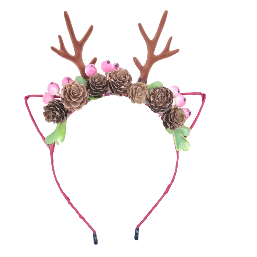 Decorative headband with antlers, pinecones, and flowers on a white background