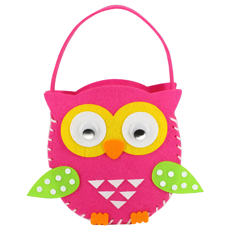 Pink owl-shaped candy basket with a yellow face and green accents on a white background