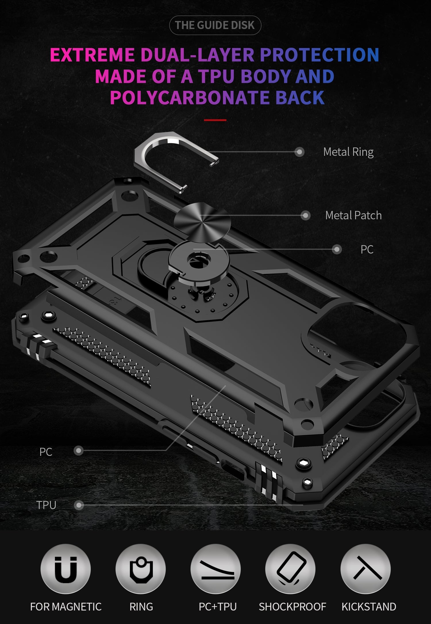 Black phone case with dual-layer protection features on a dark background