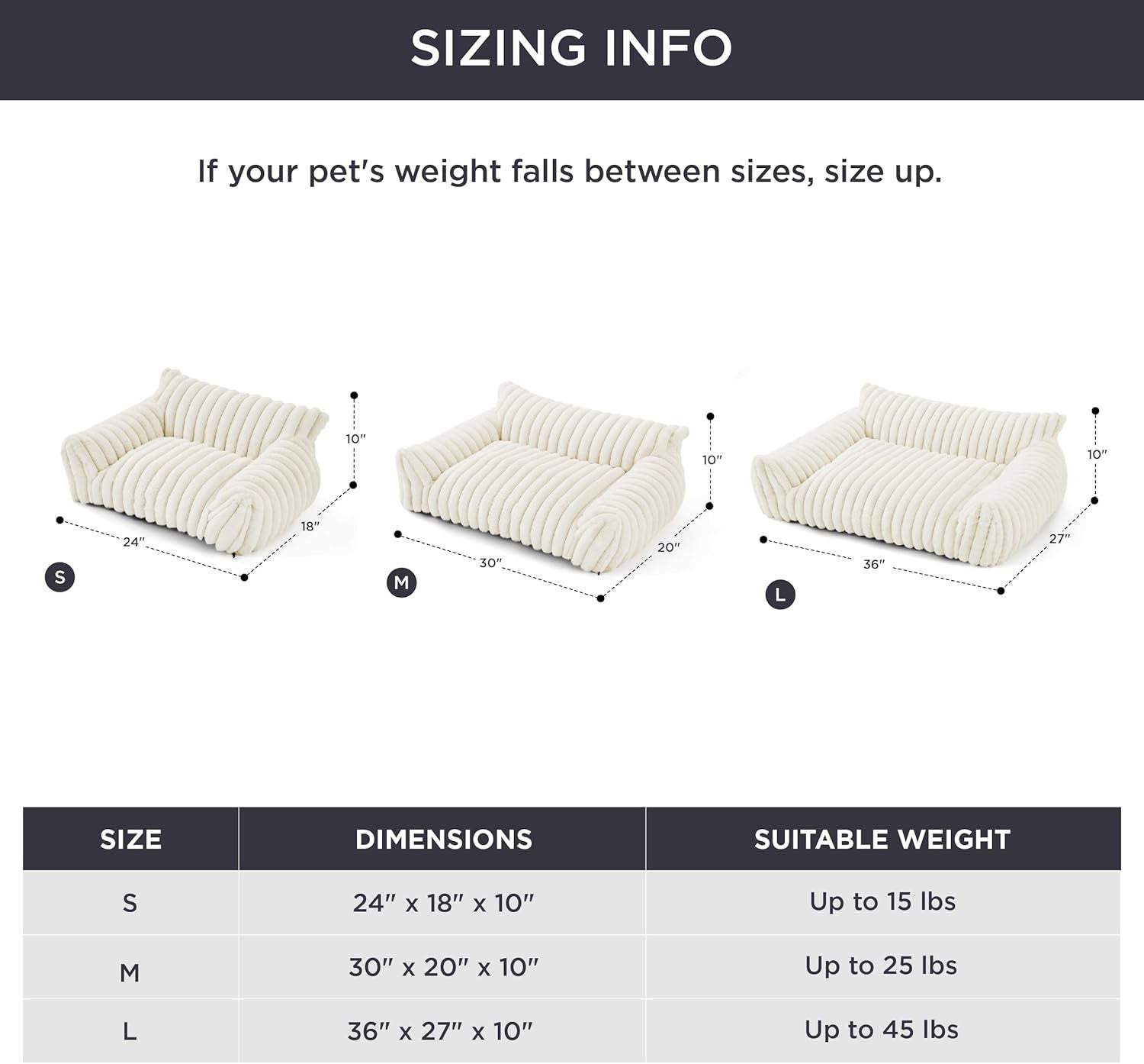 Sizing chart for pet furniture with dimensions and weight capacity.