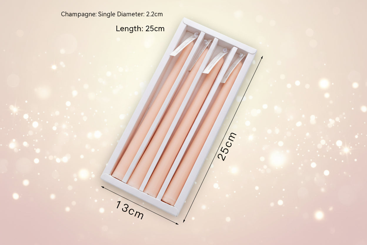 Set of peach-colored candles in a white box with dimensions displayed.