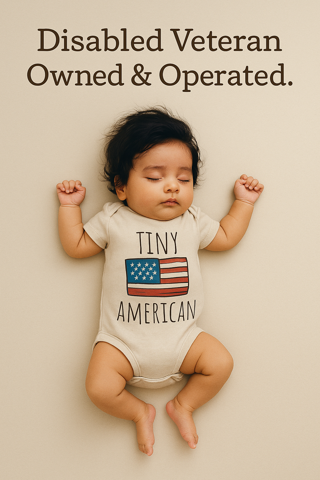 Baby wearing a onesie with an American flag design and text on a beige background