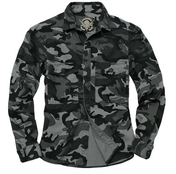 Camouflage jacket with a brand logo on a gray background