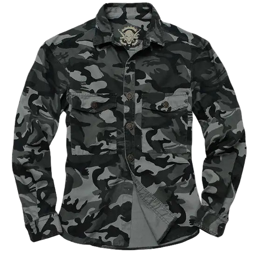 Camouflage jacket with a brand logo on a gray background