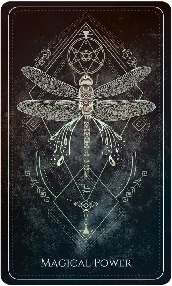 Decorative card with a dragonfly design and 'Magical Power' text on a dark background