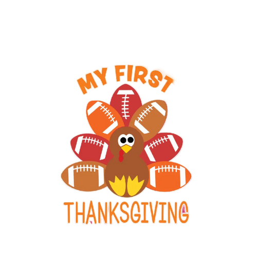 Pink bib with a turkey graphic and 'My First Thanksgiving' text on a white background
