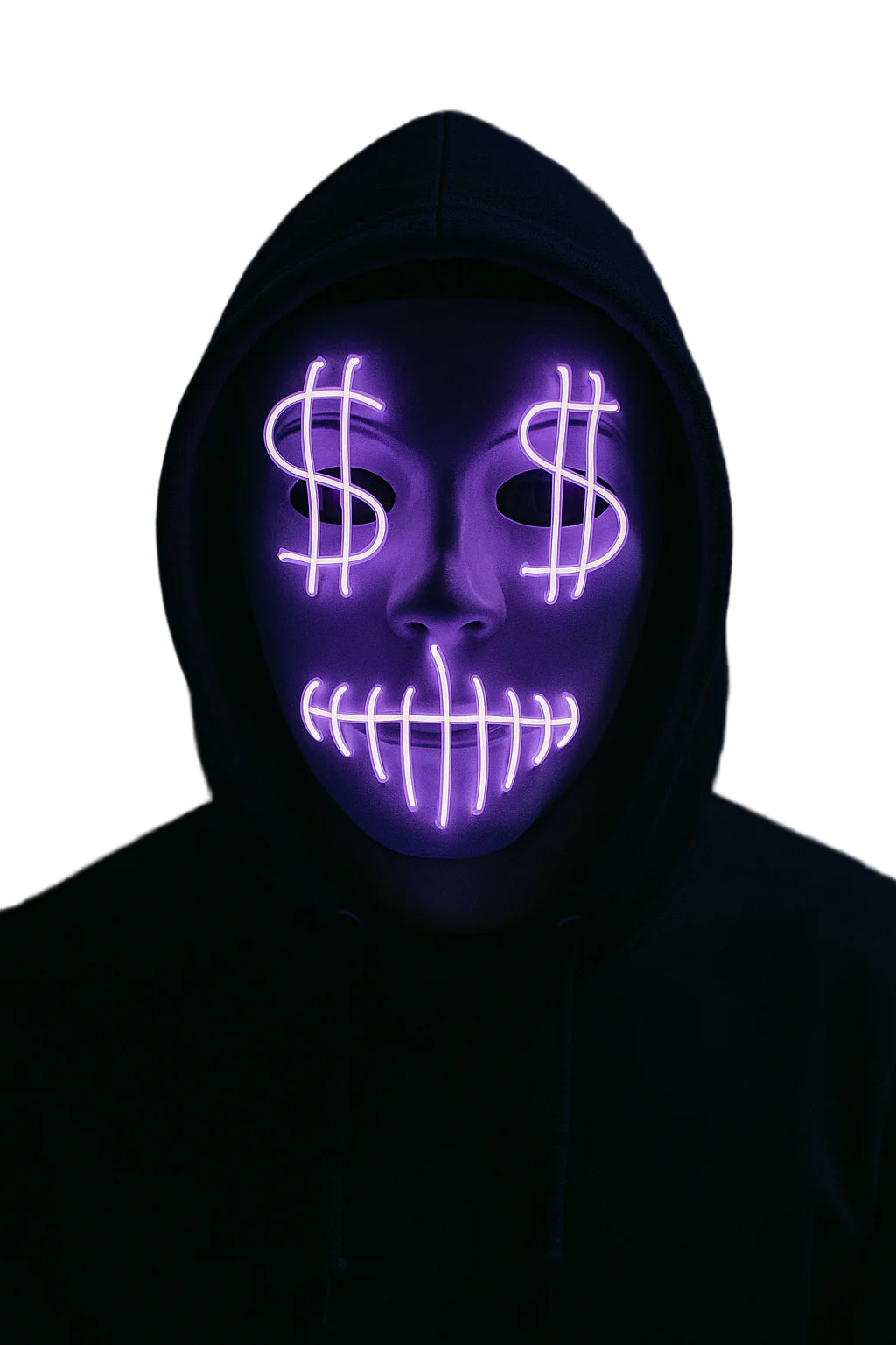 Person wearing a dark hoodie and glowing purple mask with dollar signs on a dark background