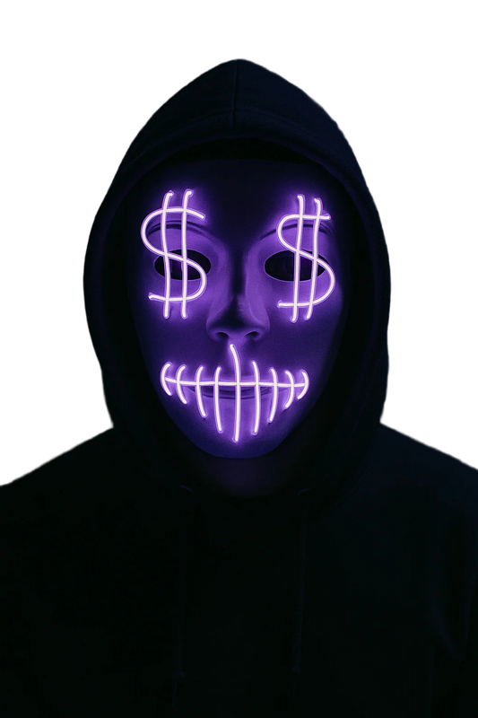 Person wearing a dark hoodie and glowing purple mask with dollar signs on a dark background