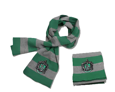 Green and gray striped scarf with a crest on a white background