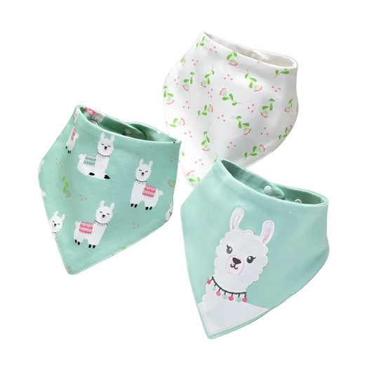 Three baby bibs with llama designs on a white background