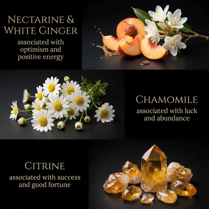 Collage of nectarines, white flowers, chamomile flowers, and citrine crystals on a dark background.