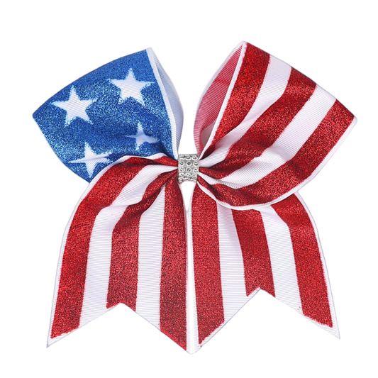 American flag-themed bow with blue, red, and white colors on a white background