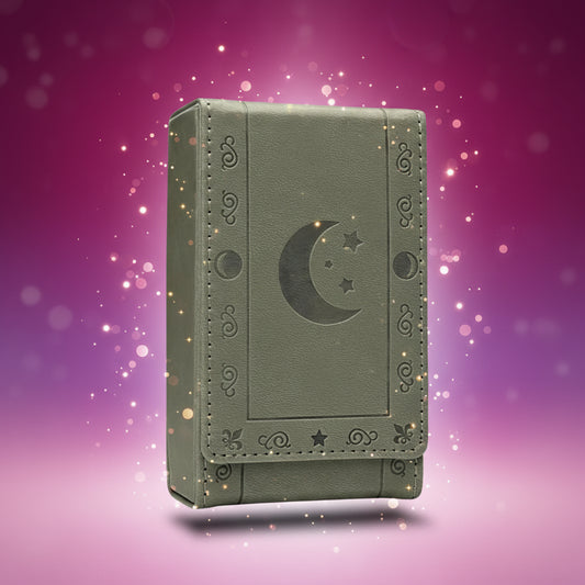 Gray card holder with moon and star design on a white background