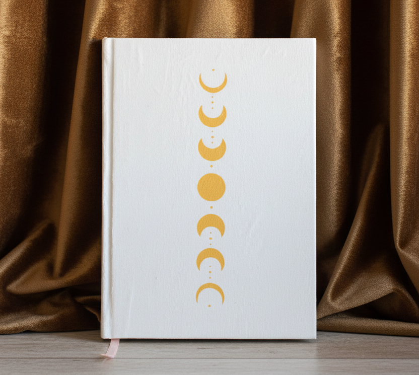 A white hardcover journal featuring a vertical sequence of yellow moon phases printed on the cover, resting on a light wood surface.